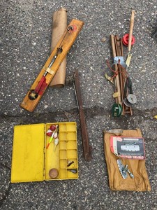 Group Vintage Ice Fishing Tip-Ups Tackle Box & Super Sharps Blade