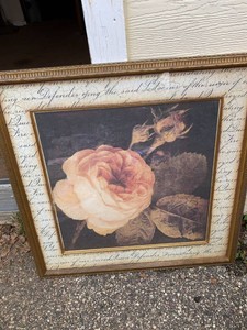 Framed Floral Rose Wall Art Gold Tone Frame Script Border 30in