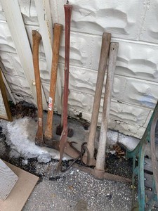 Group Antique Farm Hand Tools Axes, Pick Mattock & Iron Tools