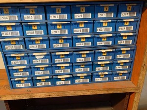 Industrial Steel Parts Cabinet With Blue Bins & Mixed Hardware
