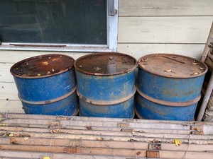 Set of 3 Blue Steel 55-Gallon Utility Drums Rusty Industrial Barrels