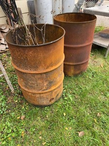 Pair of Rustic Steel 55 Gallon Burn Barrels Planters Fire Pit Drums