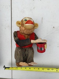 Vintage Monkey Coin Bank Novelty Toy Plush Rubber Face Red Vest