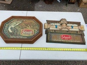 Schmidt Beer Faux Carved Wall Signs Fisherman & Welcome Friend