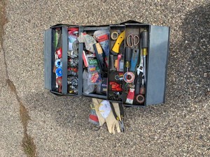 Group Metal Toolbox w Electrical Supplies, Hand Tools & Fittings
