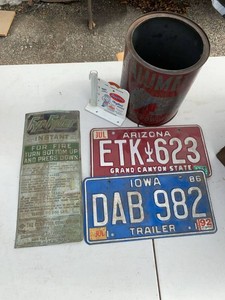 Group Vintage Advertising Tin Plates Rain Gauge License Plates