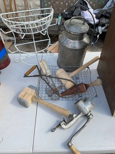 Group Vintage Kitchen Primitives Meat Grinder Milk Can Wire Basket