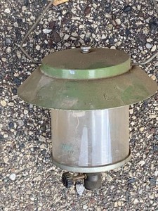 Vintage Hanging Gas Camp Lantern w Pyrex Globe Green Enamel Top