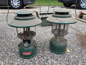 Pair of Vintage Coleman Gas Lanterns 228J & 228F Green Untested