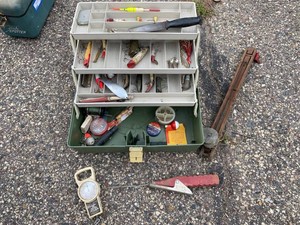 Group Vintage Fishing Tackle Box Lot w Lures Scale Bobbers Tip-Up