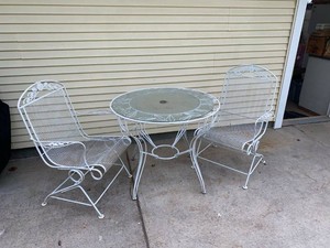 Vintage White Wrought Iron Patio Bistro Set Table & 2 Chairs