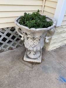 Vintage Cast Stone Garden Urn Planter White Distressed Scroll Handles