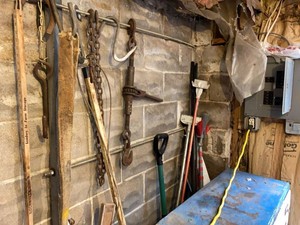 Group Farm Shop Tool Lot Chain Hooks Turnbuckle Snow Shovel Broom