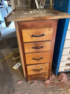 Group Vintage Wooden 5-Drawer Shop Cabinet With Miscellaneous Hardware