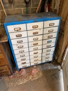 Vintage Hobart Brothers Metal Parts Cabinet Industrial Drawers Blue