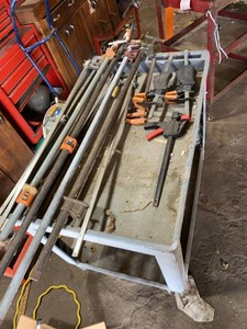 Group of Assorted Woodworking Clamps Pipe Bar C-Clamps Handscrews