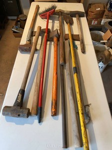 Group of Assorted Sledge Hammers, Striking Tools & Push Broom