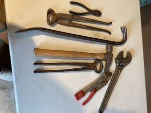 Group Vintage Hand Tools Pry Bar Hammer Pliers Wrench Assorted