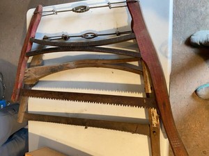 Antique Wooden Buck Saw Frame with Two Saw Blades Rustic Tool
