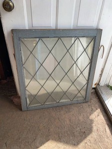 Antique Leaded Glass Diamond Pane Window Sash Gray Painted Frame