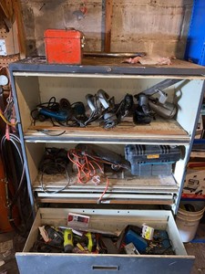 Group Assorted Power Tools w Milwaukee Toolbox & Metal Cabinet