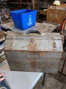 Vintage Metal Cantilever Toolbox Gray Red Folding Tray Tool Box