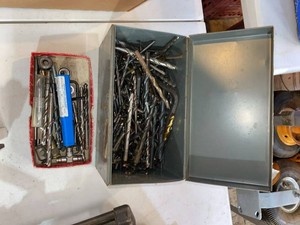 Group Assorted Drill Bits End Mills Machinist Tooling in Metal Box