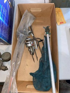 Group Vintage Fishing Reels Landing Net HT Ice Rod Frog Gig Lot