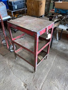 Vintage Red Metal Rolling Shop Cart Workbench w Hinged Top Storage