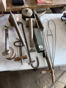 Group Vintage Farm & Garage Tools Oil Cans Grease Gun Fence Tool
