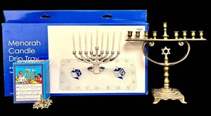 LLS - Hanukkah Menorah, Dreidel, Candles & Drip Tray Mixed Lot