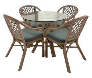 P - Vintage Rattan Glass Top Dining Table with 4 Chairs