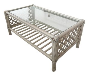 P - Vintage Wicker Coffee Table With Glass Top