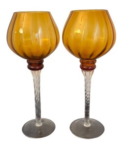 LR - Two Davco Amber Glass Candle Holders