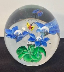 K - Floral Garden & Butterfly Art Glass Paperweight