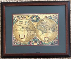 LR - World Map - Vintage Hendrik Hondius Double Hemisphere Reproduction