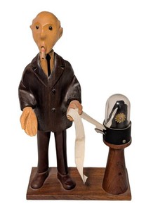 O - Vintage 1960s Romer of Italy Hand-Carved Wooden Stockbroker Figurine with Ticker Tape Machine
