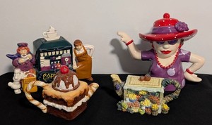 O - Decorative Novelty Teapots - Food, Market & Fashion Themes (Lot of 4)