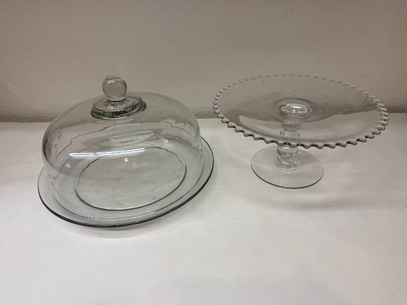 Vintage Etched Glass Cake Dome and Candlewick Cake Stand