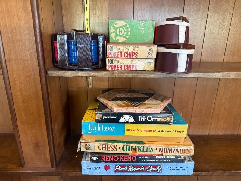 Large Lot of Poker Chips and Board Games including Park Rapids-opoly