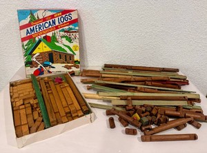Vintage American Logs In original Box, Lincoln Logs and Figurines