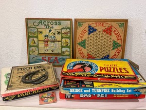 Vintage Games and Toys - Parcheesi, Gilbert Puzzles, Bridge and Turnpike Building Set and more