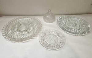 EAPG Cosmos Crystal Butter Dish Dome and Princess House Fantasia Plate & Two Crystal Serving Platters