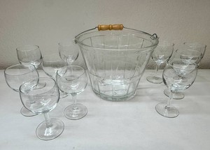 Anchor Hocking Glass Ice Bucket with Wooden Handle and Assorted Wine Glasses