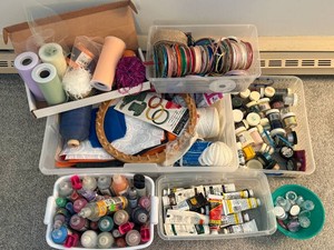 Assorted Craft Materials Ribbon, Paint, Yarn, Glitter, Knifty Knitter