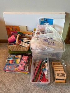 Assorted Craft Supplies Stamps, Poster Board, Markers and More