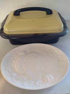 Large Metal Roaster & Ceramic Turkey Plate