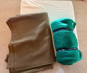 Wedge Pillow, Wool Blanket and Fleece Sleeping Bag