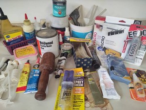 Assorted Adhesives, Velcro, Oils, Glue Gun, Etc