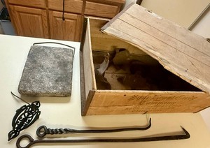 Antique Soapstone Foot Warmer, Ice Skates, Cast Iron Receipt Holder, Wooden Box and more